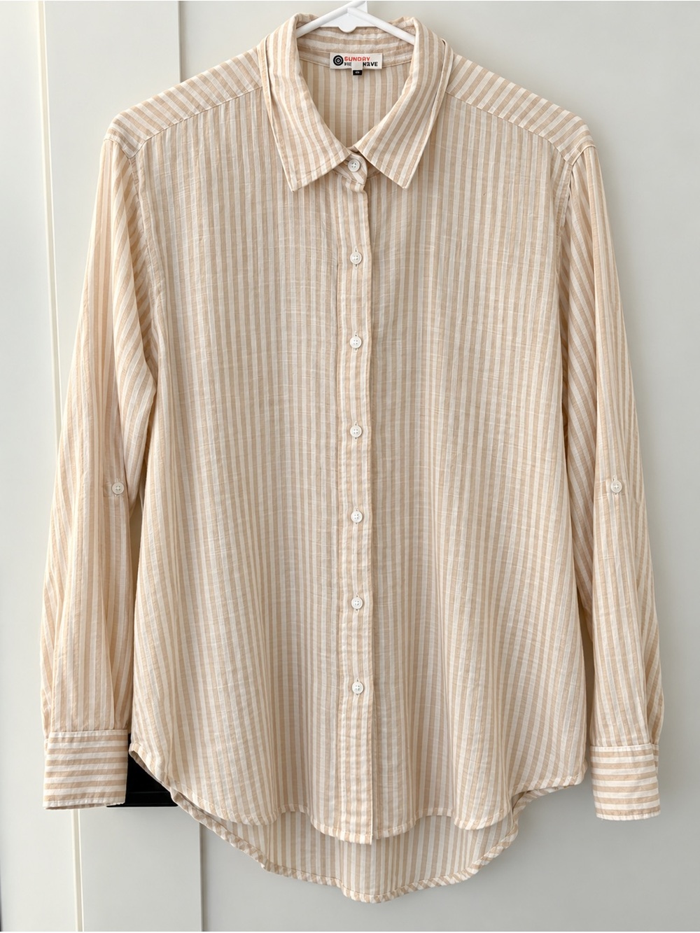 Sundry Beige and White Striped Lightweight Button-Down Shirt